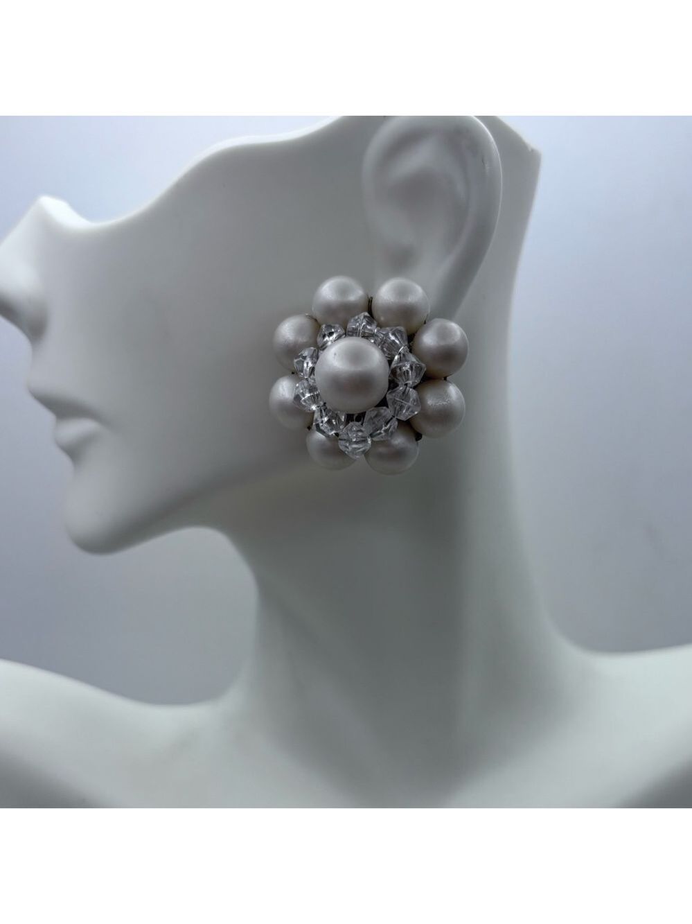 Vintage GERMANY Pearl & Crystal Cluster Clip-On Earrings - Mid-Century Floral